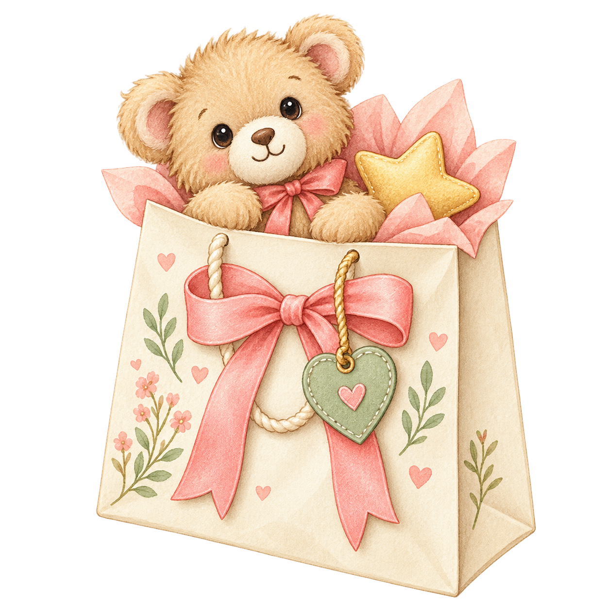 Illustration of a teddy bear in a gift bag